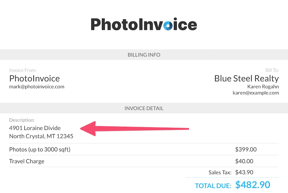 Description field when displaying the final real estate photography invoice