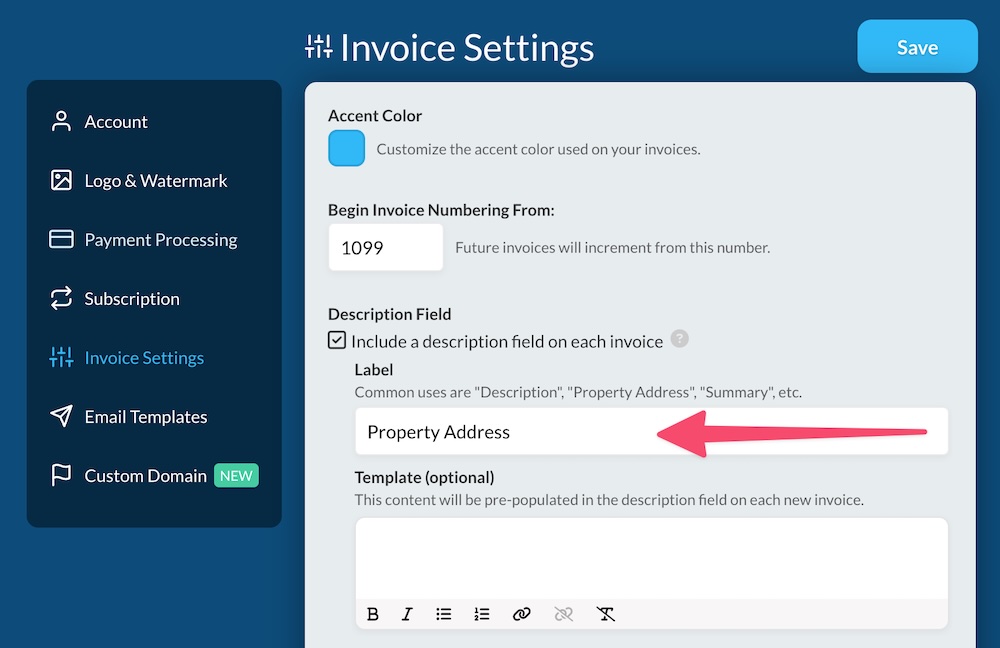 PhotoInvoice settings page where the description field can be customized