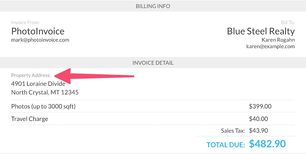 Customized description field when displaying a real estate photography invoice