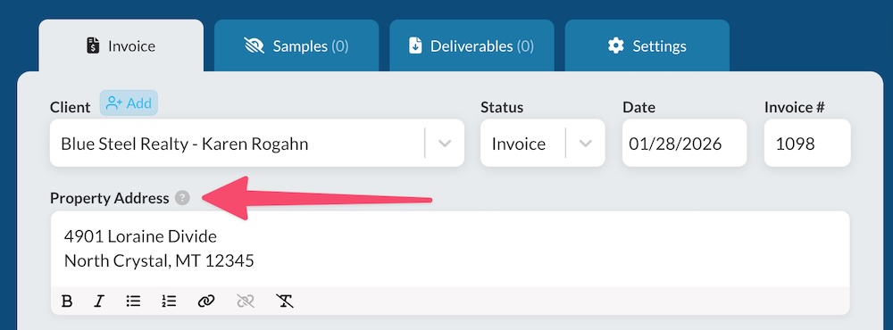 Customized description field when creating a real estate photography invoice